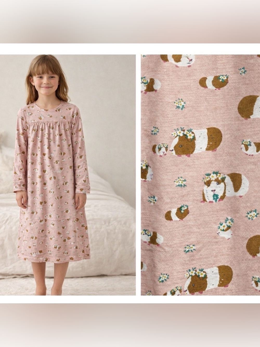 Mini Boden Girls Pink Guinea Pig Print Nightgown Long Sleeve Sleep Dress 9-10Y